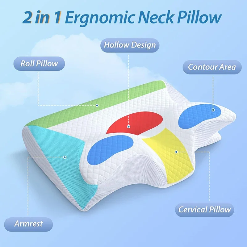 Nueva almohada cervical de espuma viscoelástica, almohada ortopédica de contorno ergonómico 2 en 1 para el dolor de cuello, almohadas de soporte contorneadas, almohada para el cuello