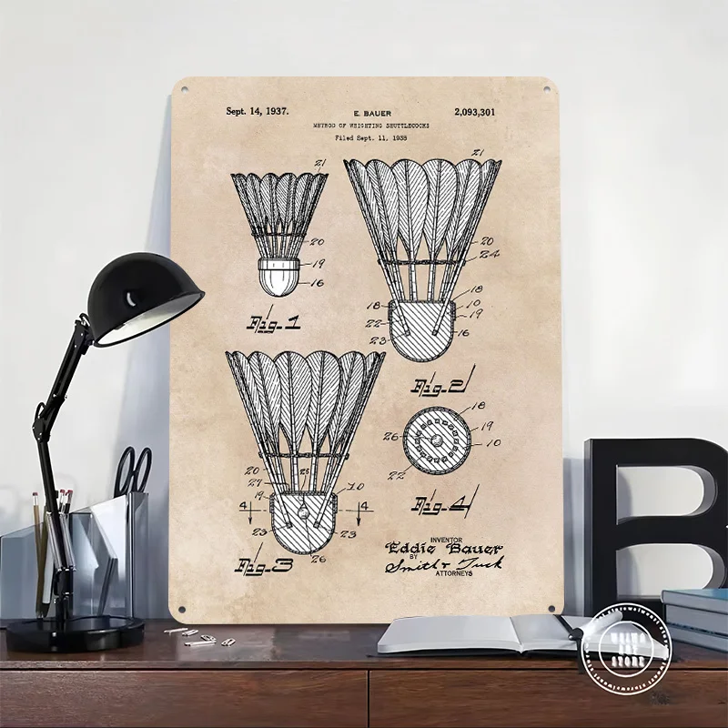Patent Art Bauer Weighting Shuttlecocks 1935 Metal Poster Custom Wall Art Retro Vintage Tinplate Signs for Man Cave Home Sign