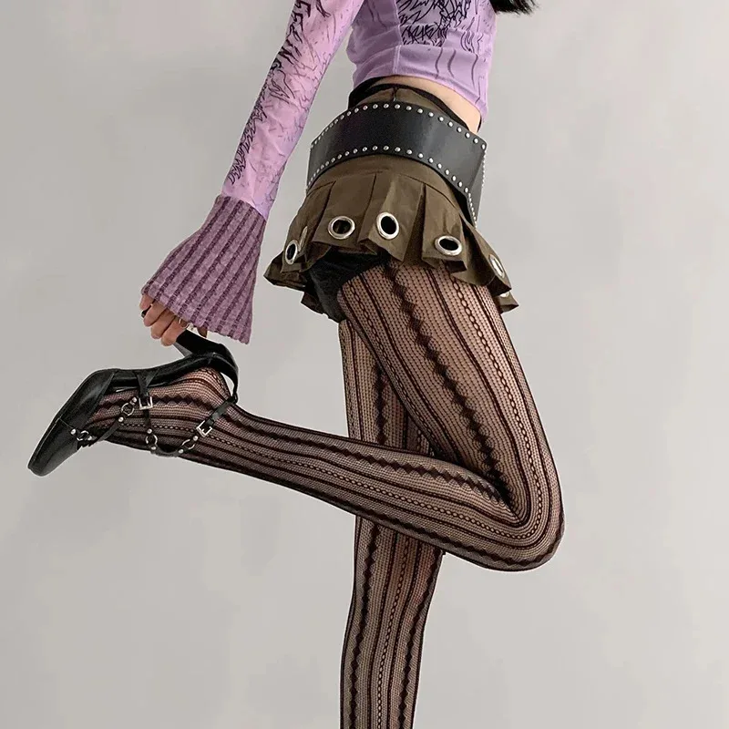 Women Vintage Solid Fishnet Lace Pattern Tights Stockings Hollowed Rhombus Striped Geometric Jacquard Pantyhose Leggings