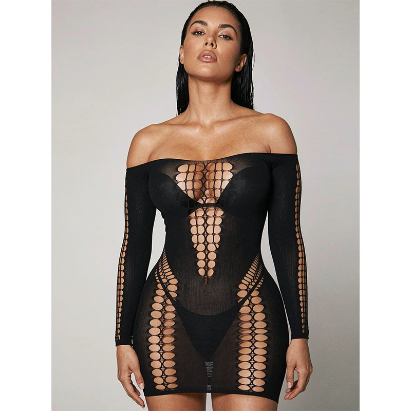 Hollow Out Fishnet Beach Cover Up Bodycon Dress, Sheer Mesh Festival Swimwear for Women Summer