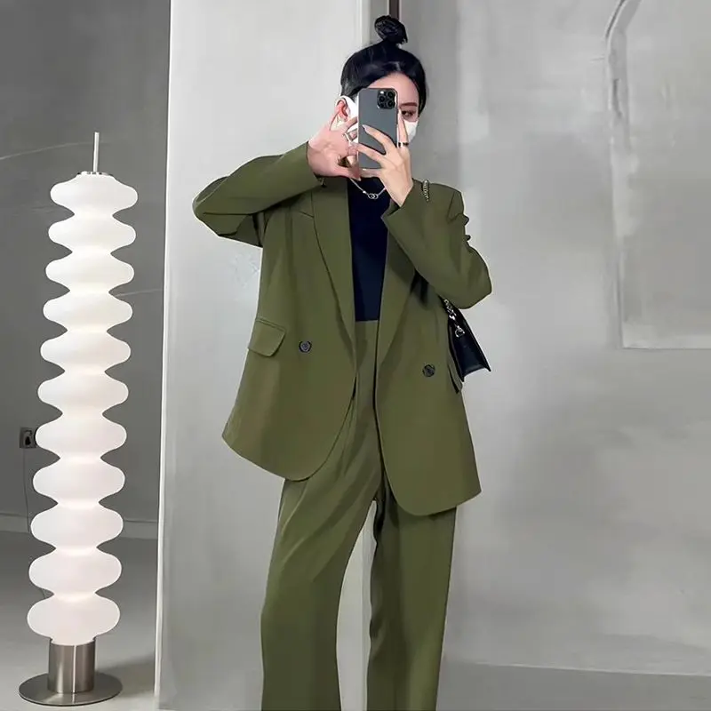 Lnsozkdg 2024 Spring Autumn Pants Sets Women Green Color Loose Office Lady Blazer + Wide Leg Pants Two Piece Set Suits Hot Sale