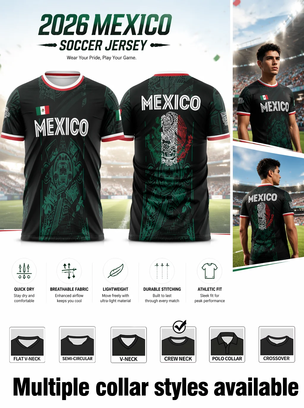 Mexico themed football jersey,dark‑green tribal building print,mini flag badge,moisture‑wicking fabric,athletic fit