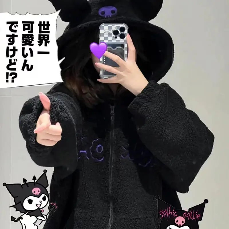 Sanrio Kuromi Hoodies Cartoon Black Embroidery Thin Coat Women Y2k Aesthetic Tops Autumn Female Fashion Loose Sweatshirt Clothes