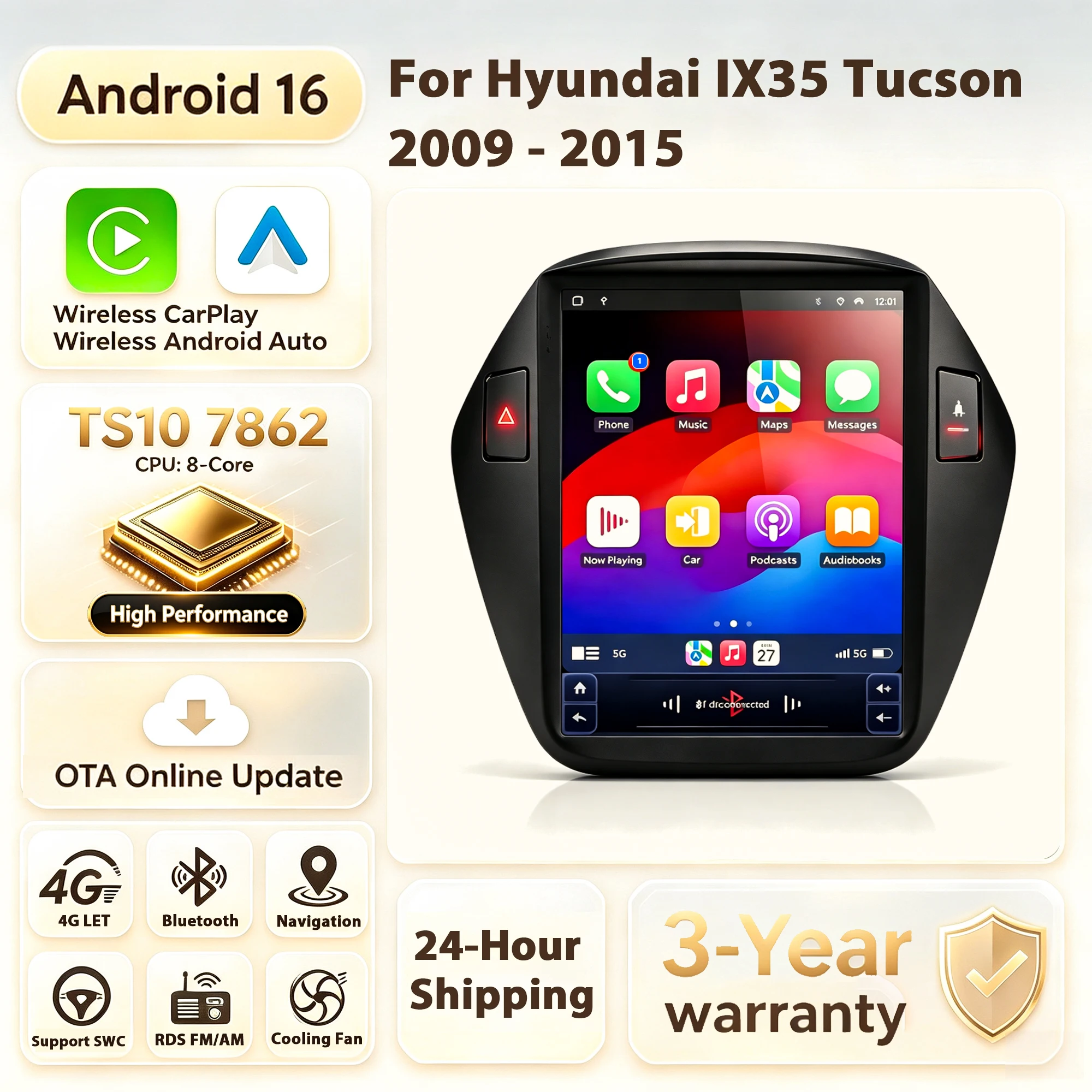 Radio de Auto Android 16 de 9.7' para Hyundai IX35 Tucson 2009-2015, Navegación Multimedia 4G, Carplay, Unidad Principal Estéreo, Audio, Sin 2 Din 1