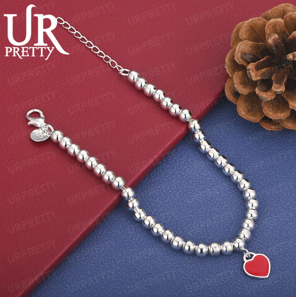 925 Sterling Silver 6mm Bead Chain Pink Blue Red Heart Bracelet Women Birthday Party Wedding Romantic Gift Fashion Jewelry