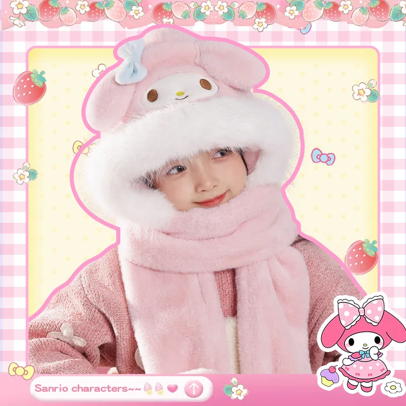 Genuine Sanrio Cinnamoroll My Melody Kuromi Children Cute Warm Plush Winter Ear Protection Glove Cold Proof Scarf One Piece Gift