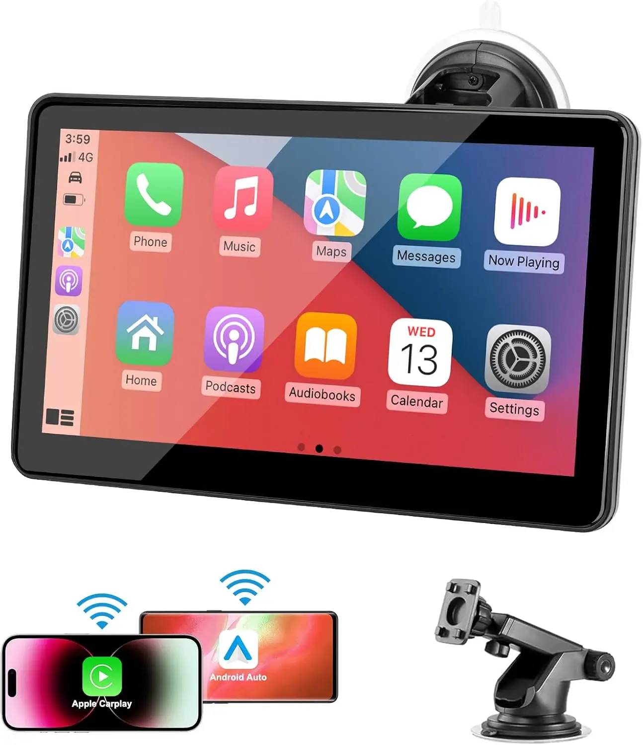 

7-футовый беспроводной HD-экран CarPlay с Android Auto, Bluetooth, FM-передатчиком и голосовым управлением для всех автомобилей