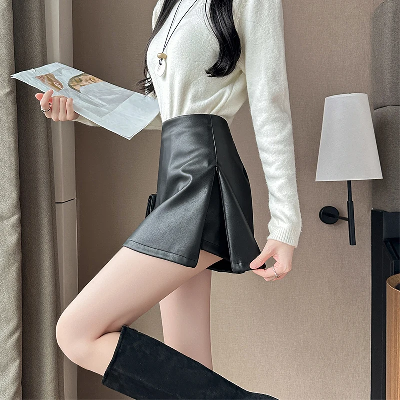 سيوليش الخريف الشتاء خمر الأسود بولي Leather جلد المرأة التنانير القصيرة عالية الخصر الجانب سبليت مكتب التفاف ألف خط التنانير الصغيرة الإناث