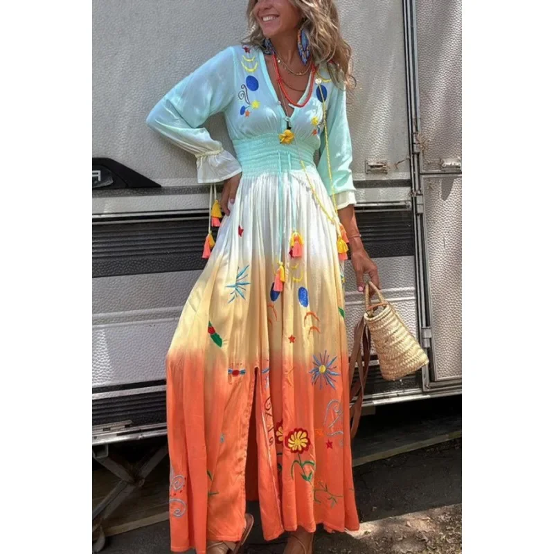 Abito Boho plissettato Abiti da vacanza Corsetto da donna Abito lungo da vacanza bohémien Manica lunga svasata sexy Scollo a V Vita elastica