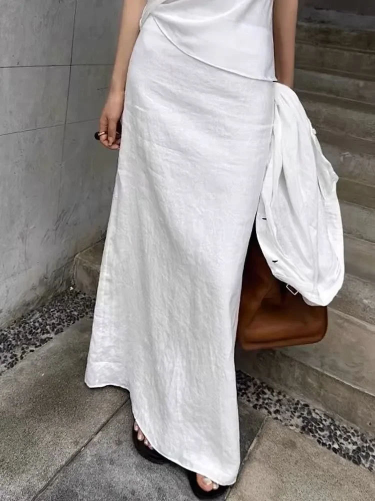 ADAgirl Vintage witte linnen maxi rok recht katoen hoog getailleerde split casual lange rokken voor vrouwen kantoor dame zomerrok