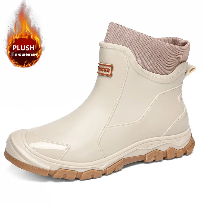 New Waterproof Couple Rain Shoes Winter Warm Plush Men's Rain Boots Outdoor Non-slip Men Boots Fashion Men's Work Boots Size 48