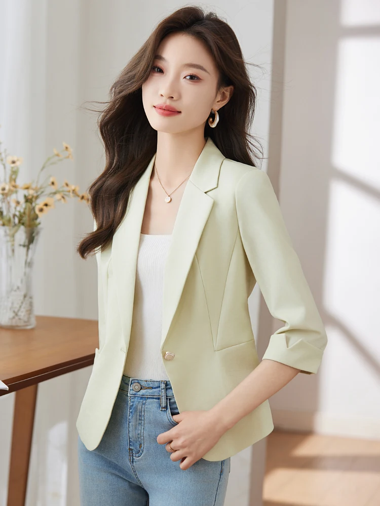 

Зеленый женский пиджак в корейском стиле, повседневный, весенний, с рукавом 3/4, маленький размер, деловой жакет