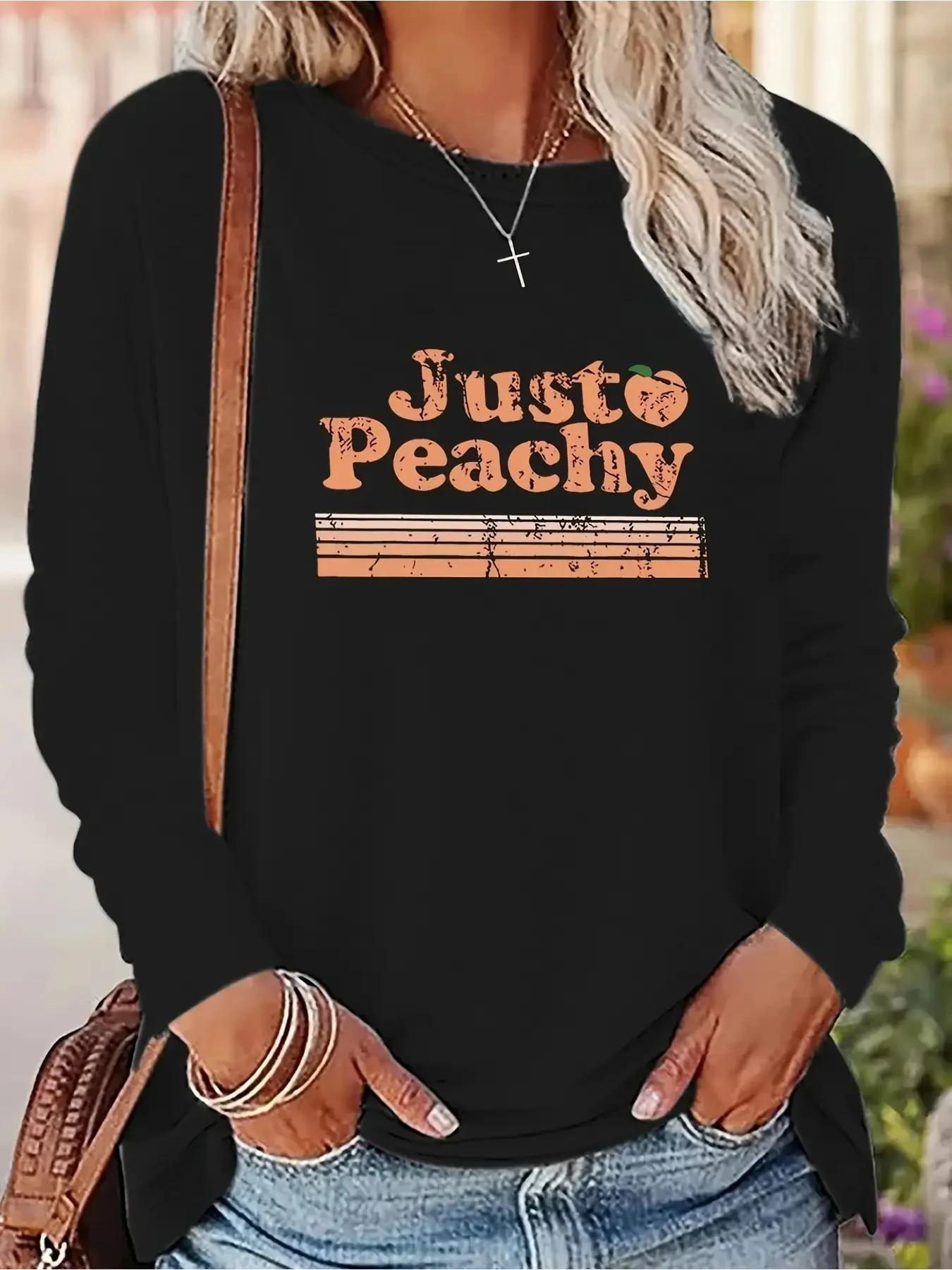 

Women's Peach Print Long Sleeve T-Shirt - Just Peachy Lettering & Peach Design, Casual Crew Neck Blouse, Machine Washable Fall