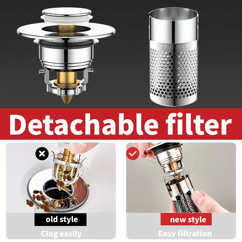 Stainless Steel Floor Drain Filter Washbasin Plug Anti Odor Pop-Up Bounce Core Basin Stopper Hair Catcher Shower Sink Strainer