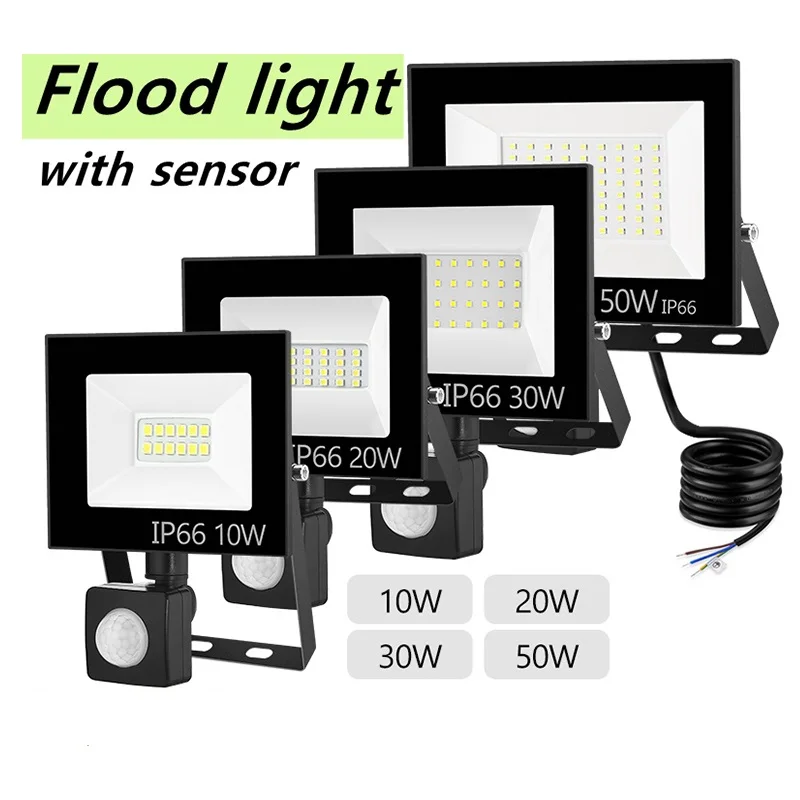 LED PIR 모션 센서 투광 조명 야외 벽 조명 흰색 빛 100W 50W 30W 20W 10W IP66 방수 LED 스포트라이트 정원