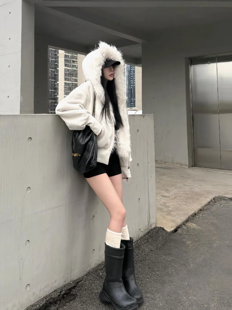 New Women's Fleece Jacket Y2K Aesthetic Hoodies with Zipper Fur Hooded Coat Winter Clothes Ladies Furry Outerwear Korean Style - view 3