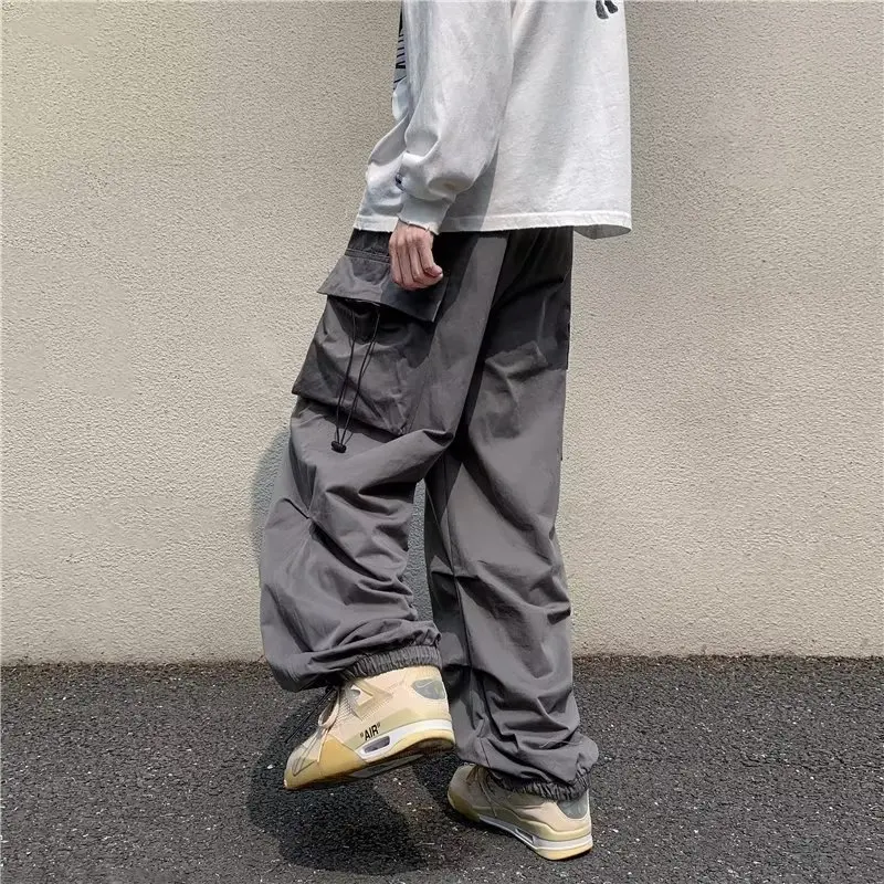 Men\'s Parachute-Style Hip-hop Street Overalls Oversized Pocket Trousers Harajuku Loose Solid Color Casual Pants Y2K Legged Pants