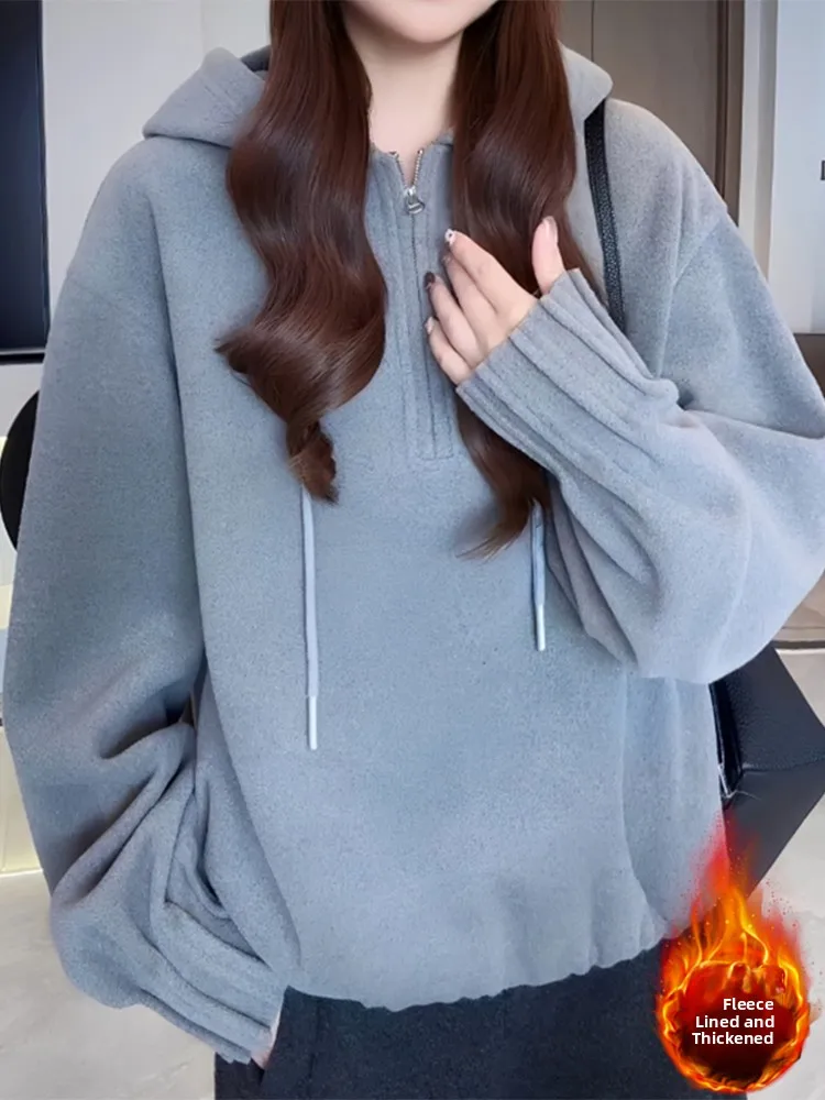 Koreaanse Sle-sweater met capuchon Dames Winter Nieuwe Thiened Fce Casual anti-aging top met rits Los afslankend