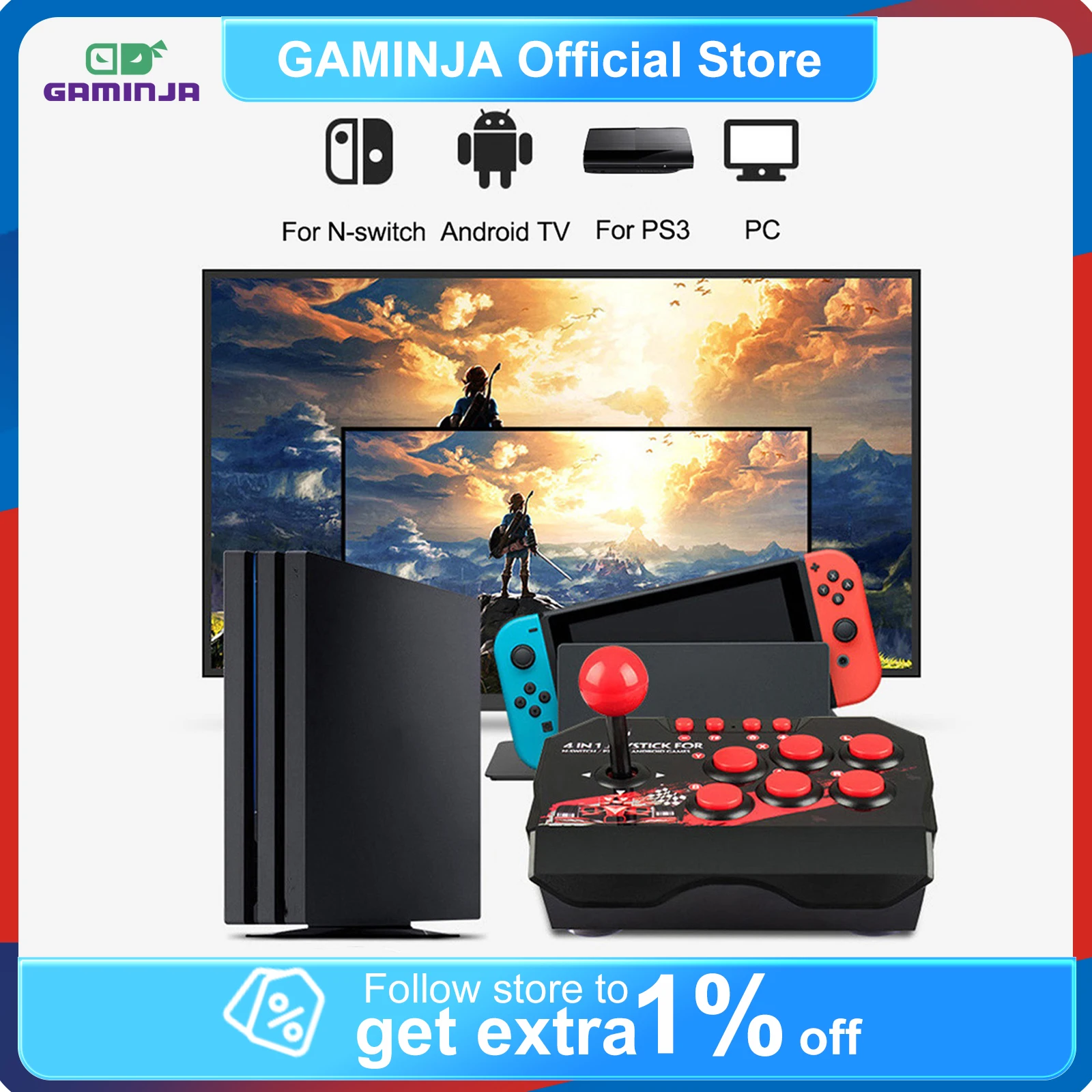 

GAMINJA 4In1 Wired Game Joystick With 3M USB Cable TURBO Games Console Rocker Arcade Station For Nintendo Switch Android TV PS3