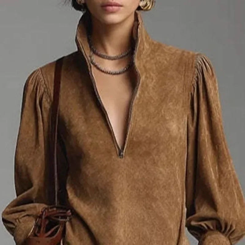 Women Fall Winter Retro Solid Suede Short Dress Zipper Turtleneck Slim Pullover Lantern Sleeve