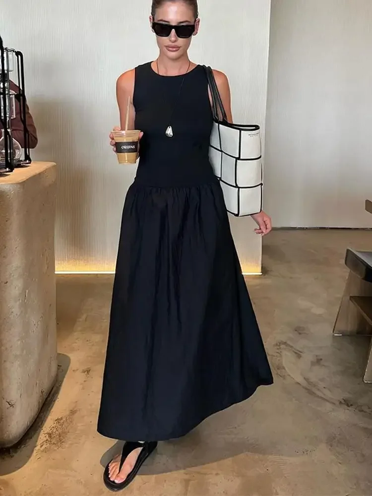 

Women Fashion Knitted Patchwork Solid Long Dress Elegant Round Neck Sleeveless Loose Hem Maxi Dresses Summer Lady Commuting Wear