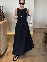 Women Fashion Knitted Patchwork Solid Long Dress Elegant Round Neck Sleeveless Loose Hem Maxi Dresses Summer Lady Commuting Wear