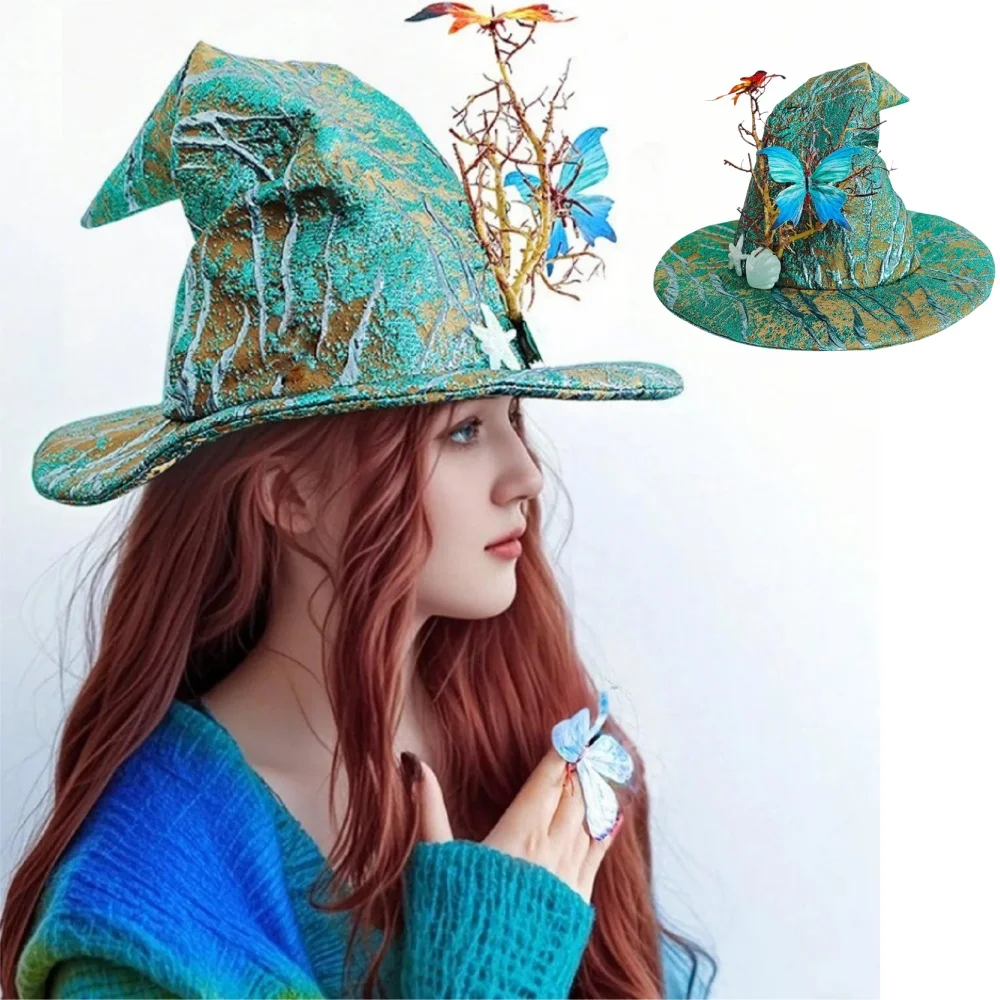 

New European and American Retro Butterfly Party Halloween Hat Elegant Witch Hat Green Magic Hats Cosplay Prop Witch Hats