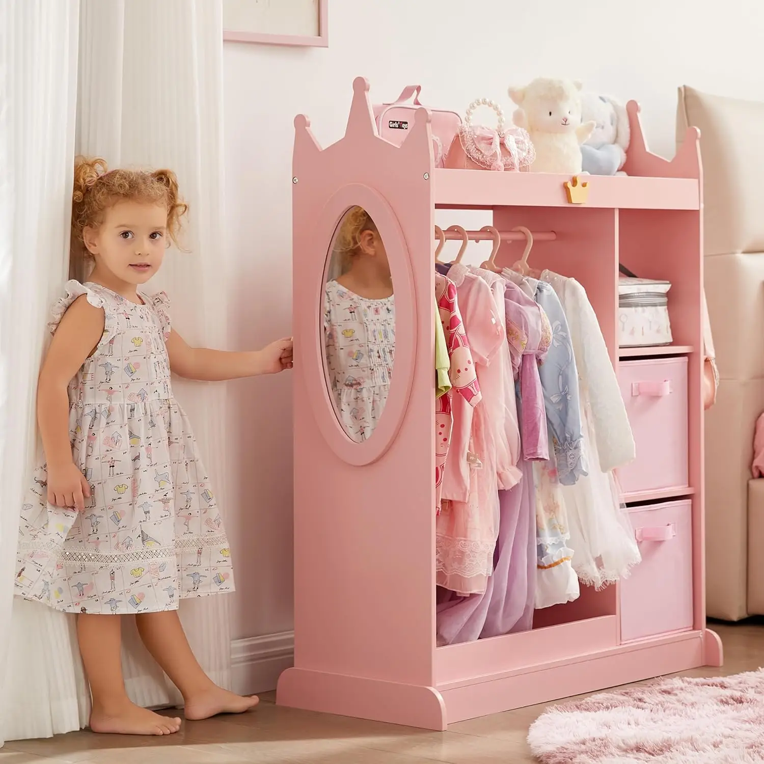 Mirror, 2 Storage Bins & Cloth Hanger, Kids Play Armoire Dresser Pretend Storage Closet for Bedroom, Kids Room, Playroom (Pink)