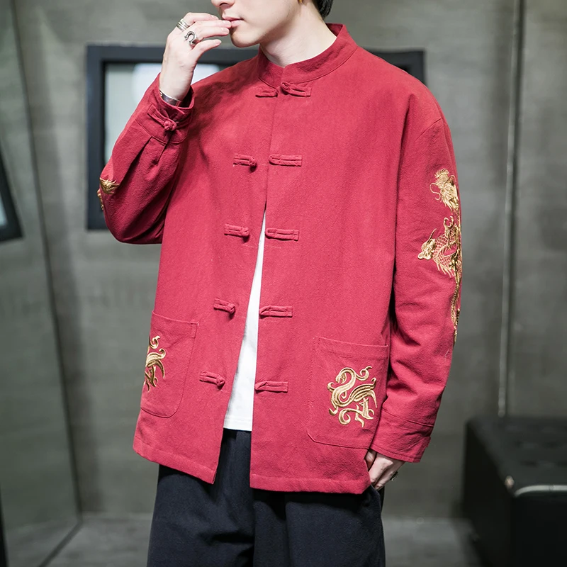 

Rvated Hanfu Jaet for Men Cotton Linen Embroidery Traditional Chinese Sle Spring Autumn Loose Fit Outerwear