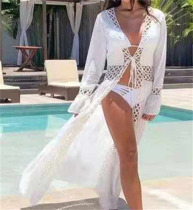 Women's Sexy Long Sleeve See-through Long Maxi Dress Cardigan Boho Beach Swimwear Sheer Blouse Bikini Cover up Sunscreen Cape