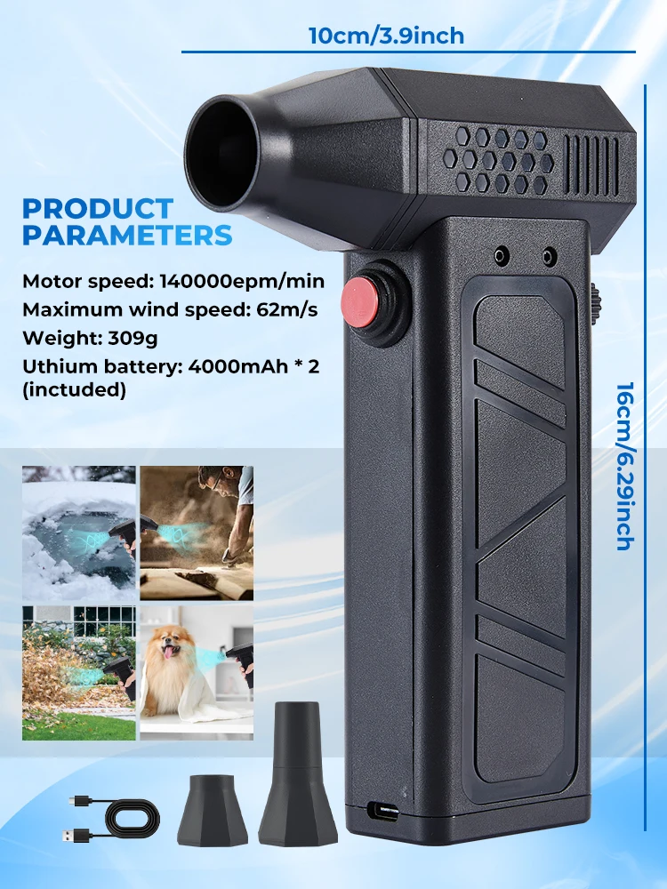 140000RPM Mini Turbo Jet Fan Brushless Motor Handheld Duct Fan 52M/S Portable Turbo Fan Type-C Charging with Power Display Compu