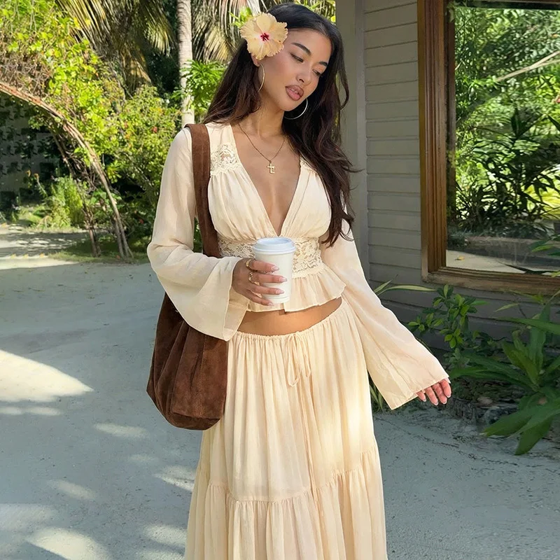 Ticketsx-Conjunto de vestido elegante para mujer, Top Sexy de retazos de encaje con botones, vestido transparente con cordones, conjunto de vestido Vintage para vacaciones en la calle