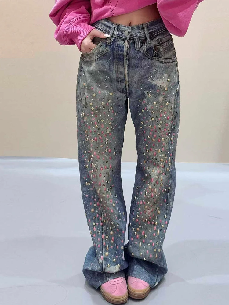 

Women's Baggy Jean Y2k Rhinestone Japanese Grunge High Waist Wide Fit American Retro Designer Denim Pants Long Trousers Harajuku