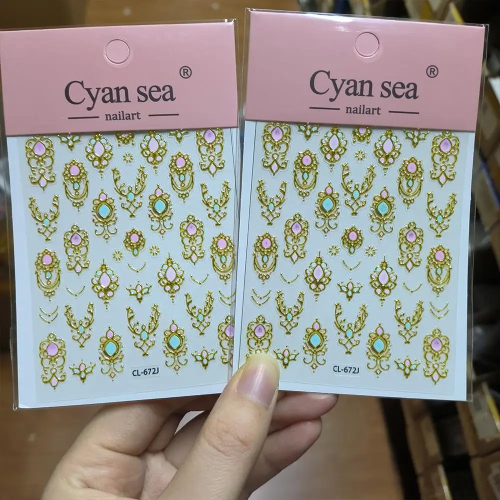 1Pcs 5D Gold Baroque Scepter Nail Stickers Pink Green Luxury Gemstone Nail Decals Self-Adhesive Retro Nail Art Decoration Slider