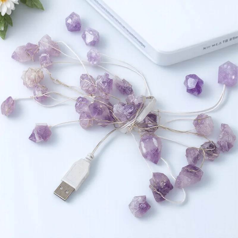 

1pc Usb Amethyst Light String Delicate Fake Stone Decorative Lamp For Party Festival Indoor Hanging Tree Decor Lights