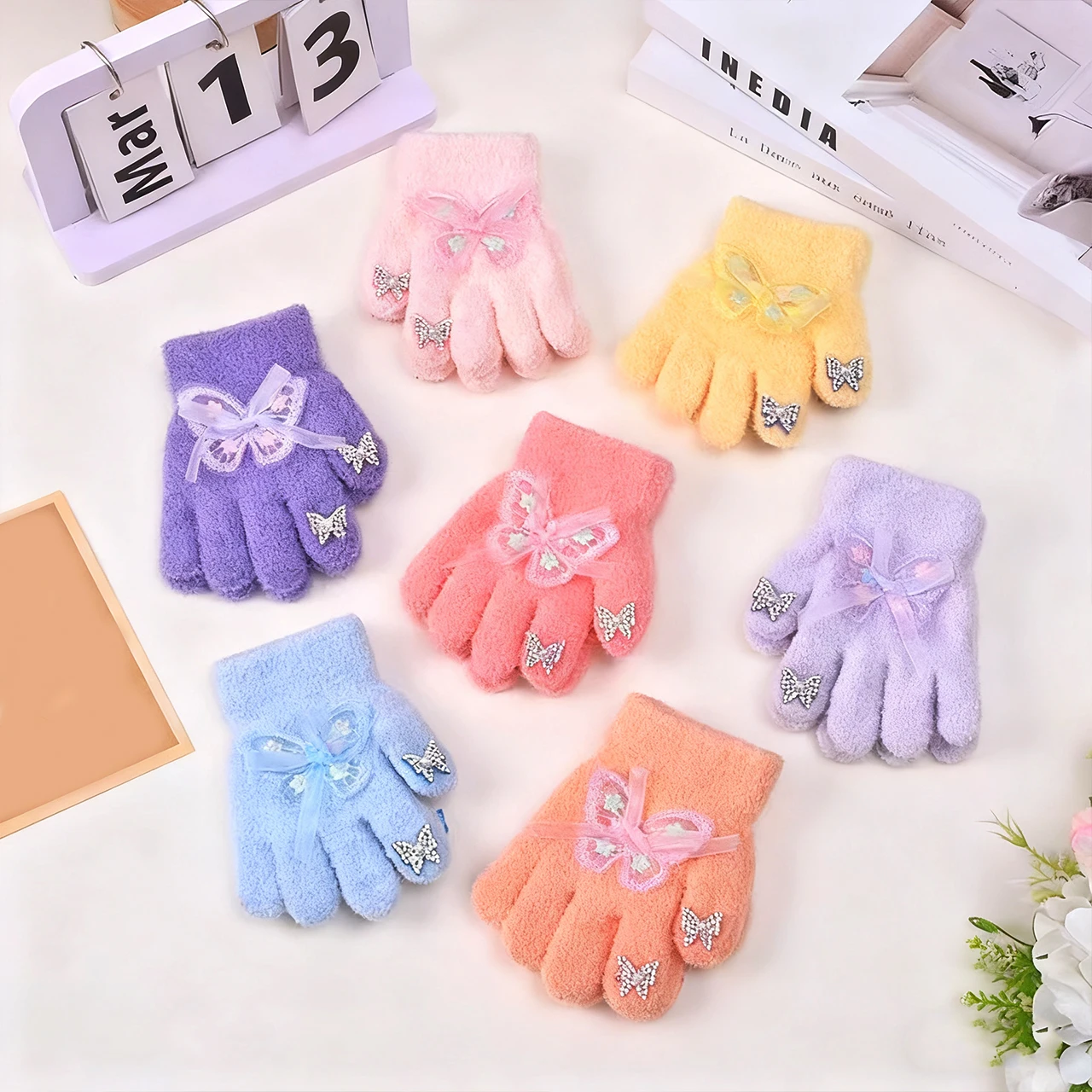 

Winter Warm Children Flower Bow Full Finger Gloves Outdoor Velvet Glove 0-3Y Kids Anti-Cold Split Finger Mittens Baby Handguard