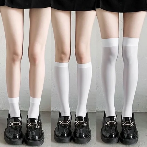 Imagen 2 del producto Calcetines largos blancos y negros, medias JK Lolita para mujer, medias altas hasta el muslo, Lolita Kawaii, calcetines sexis por encima de la rodilla de Color sólido