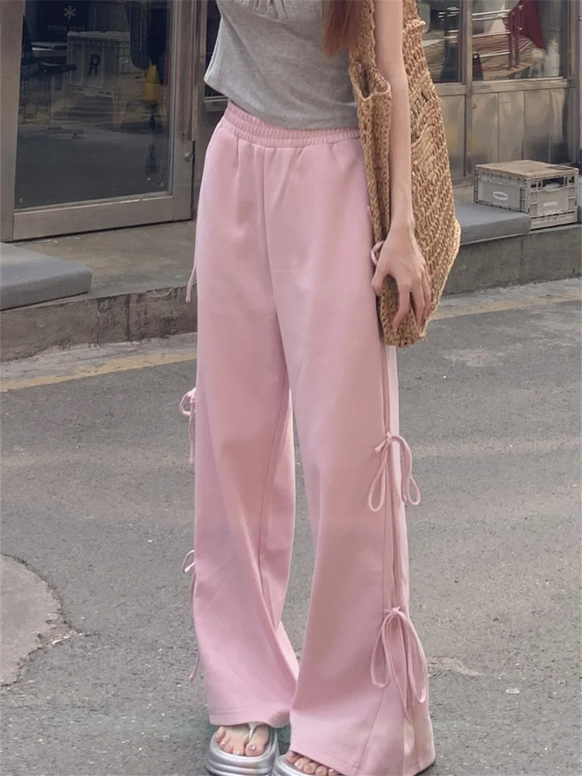 PLAMTEE Sports Straight Mopping Trousers Bow Women Wide Leg Summer Solid Casual New 2024 Loose Office Lady High Waist Slim