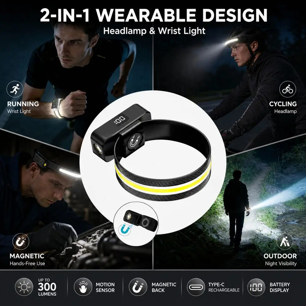 USB-C Rechargeable Wristband Running Light Wave Sensing 2-in-1 Design COB Floodlight Headlamp Magnetic Suction Motion Sensor