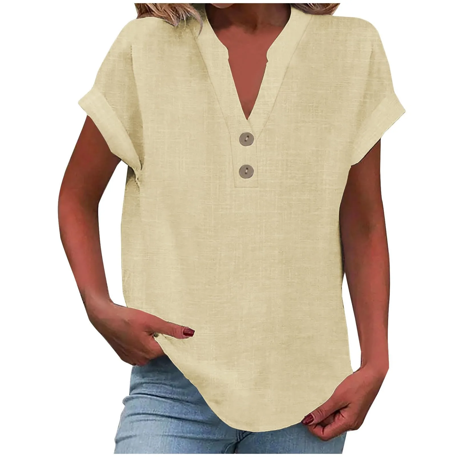 2025 Summer Cotton Linen Breathable Solid Color Button Down V-neck Shirt Basic And Versatile Casual Comfortable Lady Office Tops