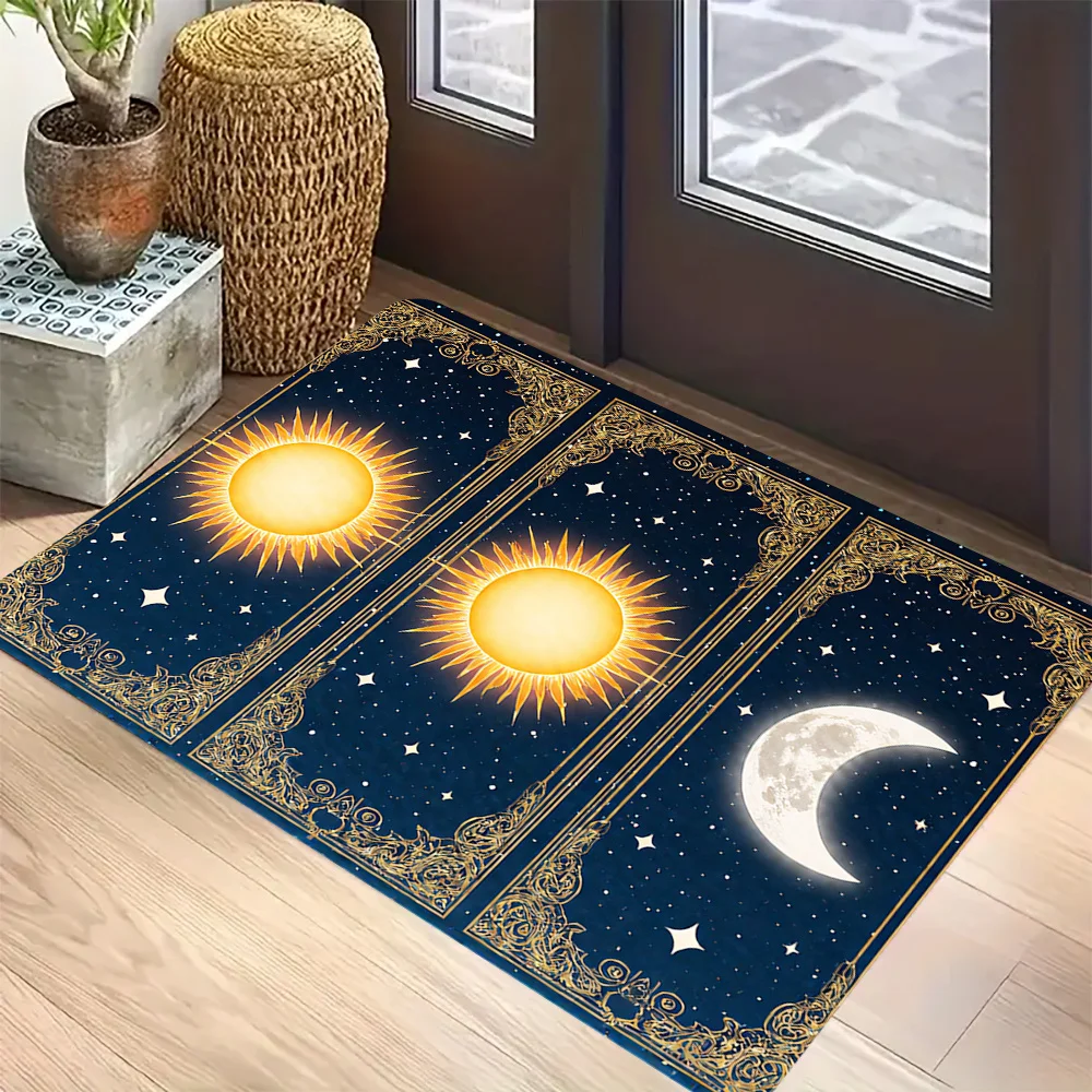 Vintage Tarot-Style Rug Set – Sun/Moon Stars 40x60cm Non-Slip Flannel Mats for Entryway, Bedroom & Party Decor