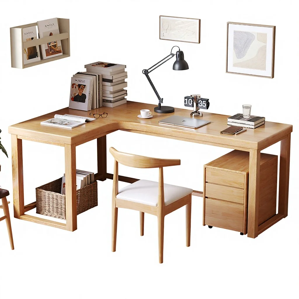 

￥%Solid Wood L-Shaped Double-Person Corner Desk for Home Office and Bedroom Student Writing Workstation