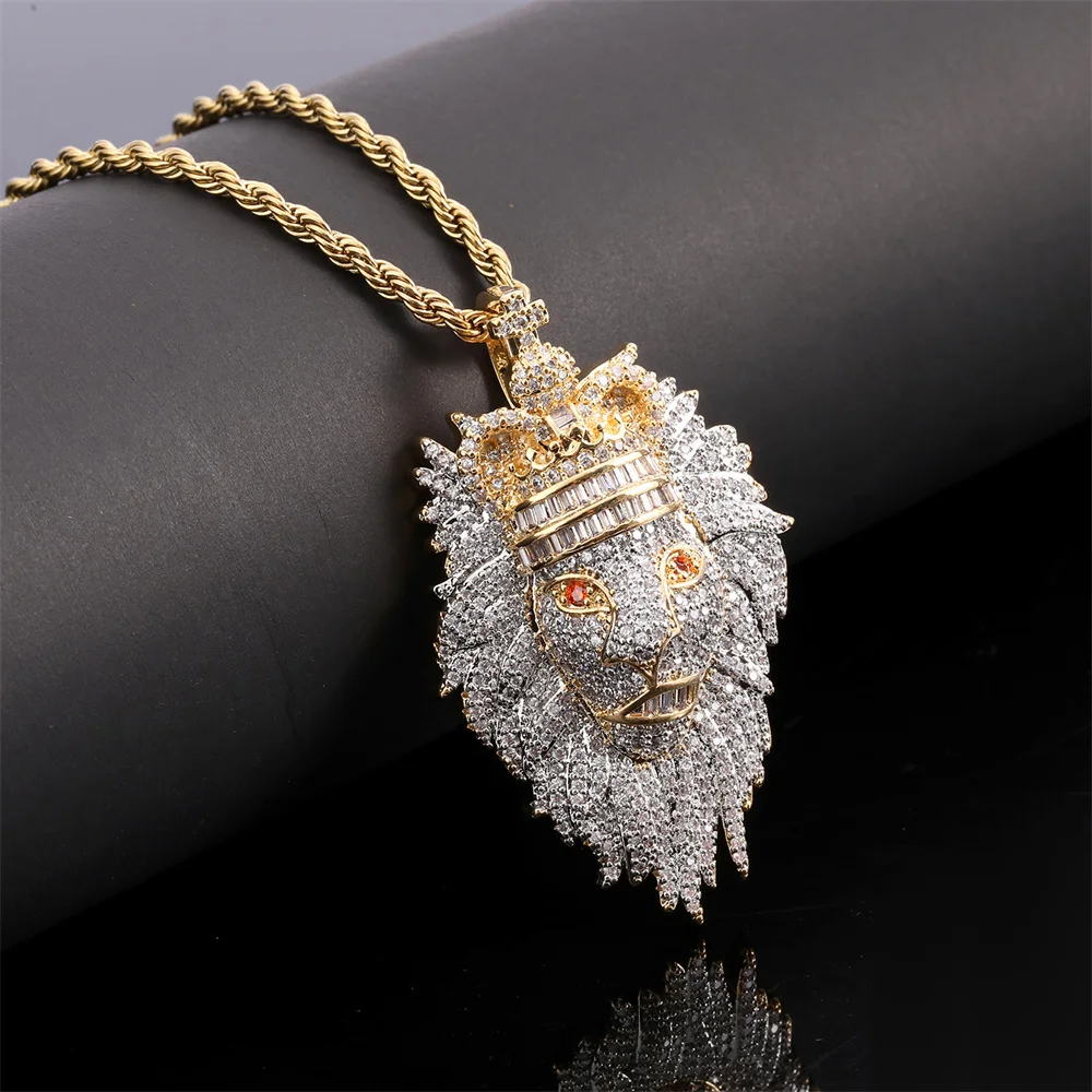 

Trendy Men's Hip Hop Versatile Accessory Necklace Unique Crown Lion Head Full Diamond Pendant Jewelry