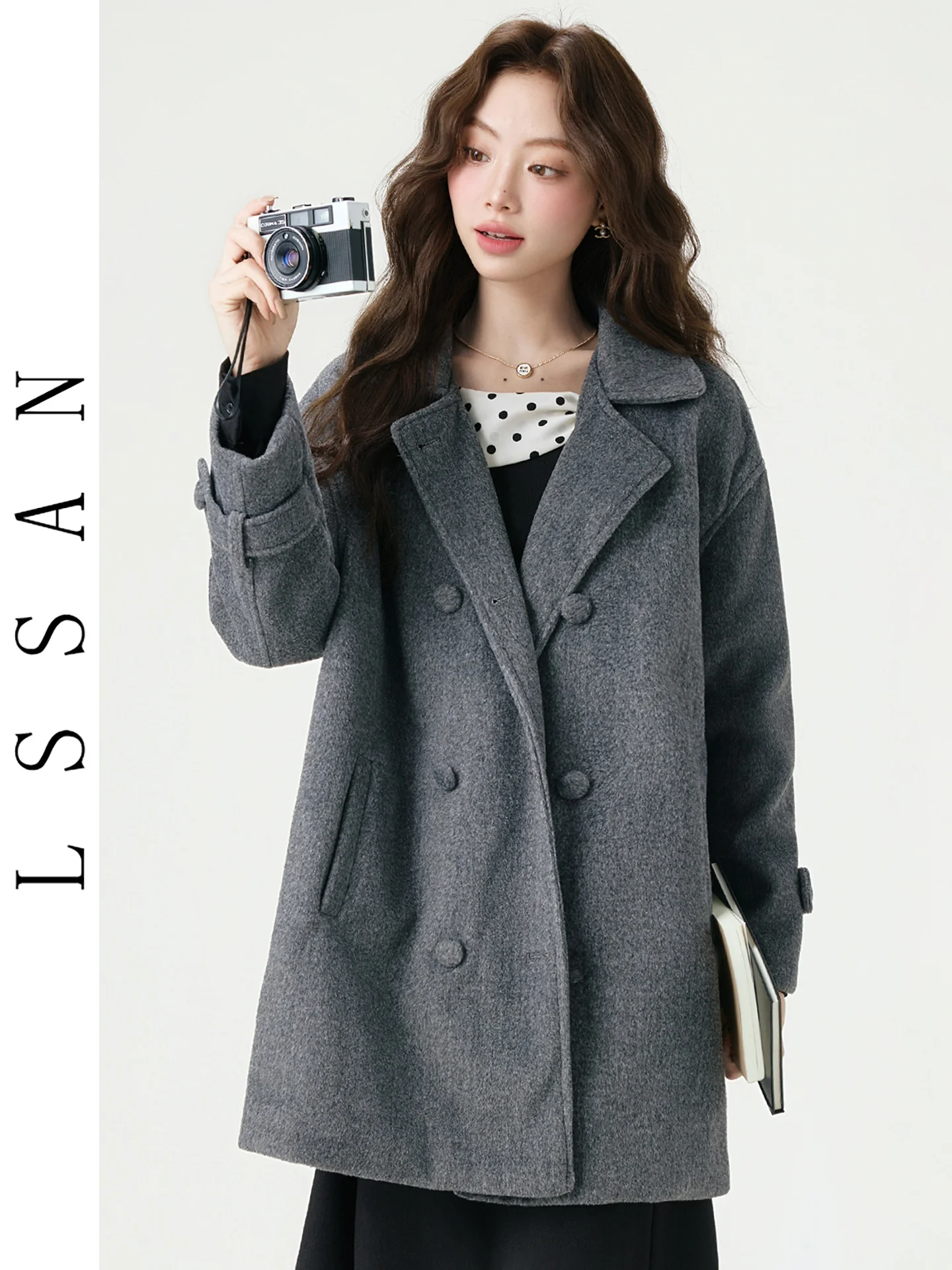 

Женское двубортное шерстяное пальто, свободное похудение, осень-зима, новое пальто в стиле ретро, однотонное пальто