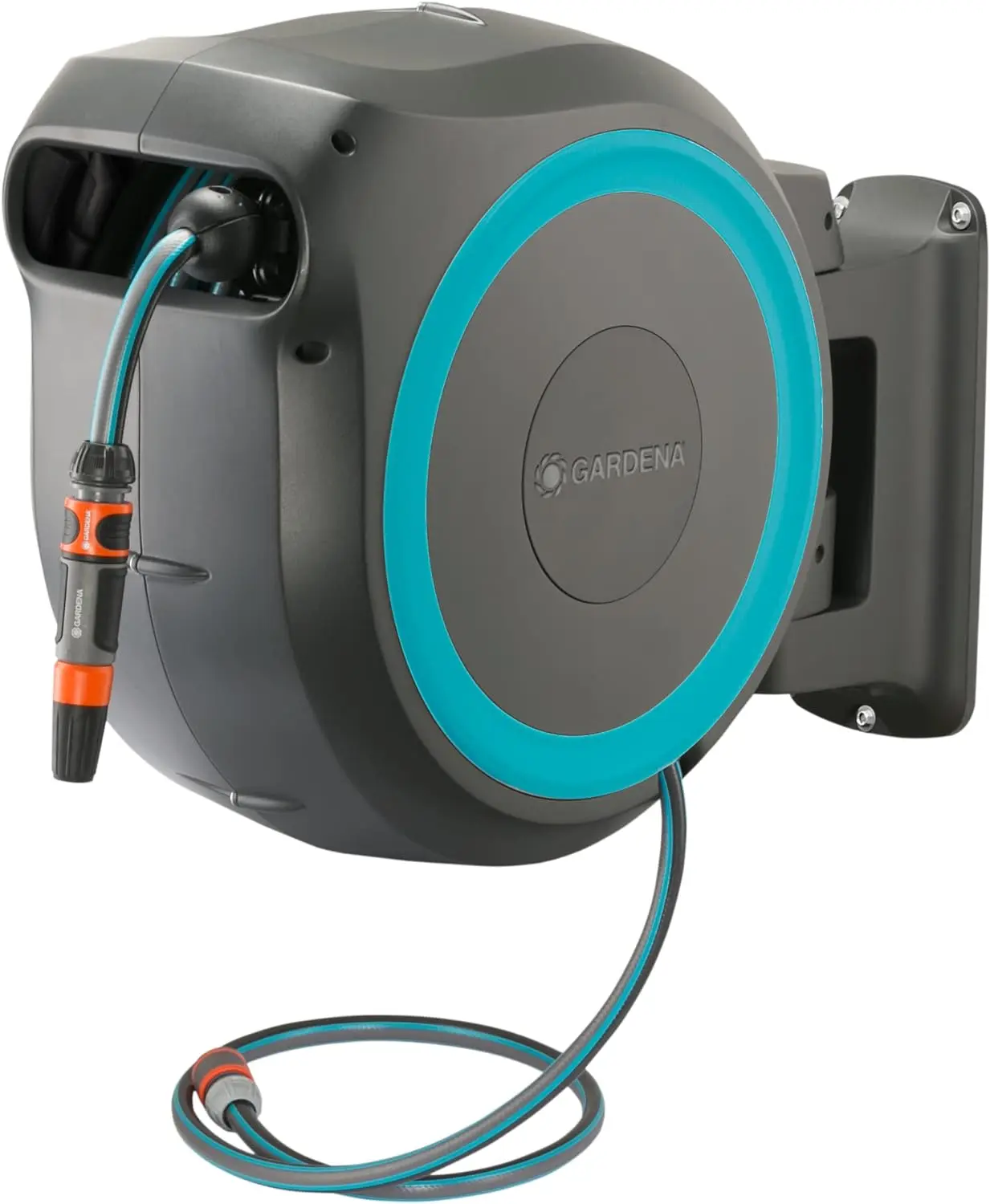 Wall Mounted Retractable Hose Reel, Black and Turquoise