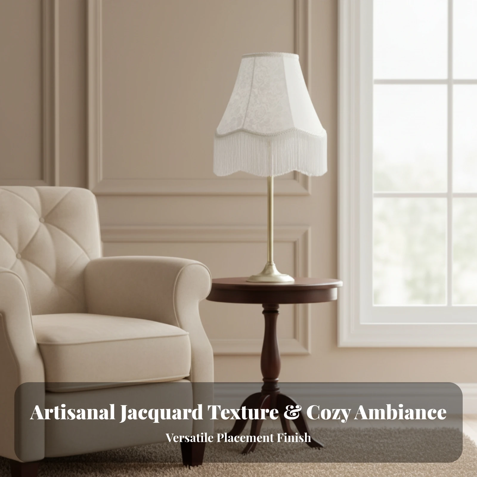 Damask-Patterned Lampshade with Trim Fringed White Cloth Lampshade with Fringe Decorative Cloth Lamp Shade Replacement