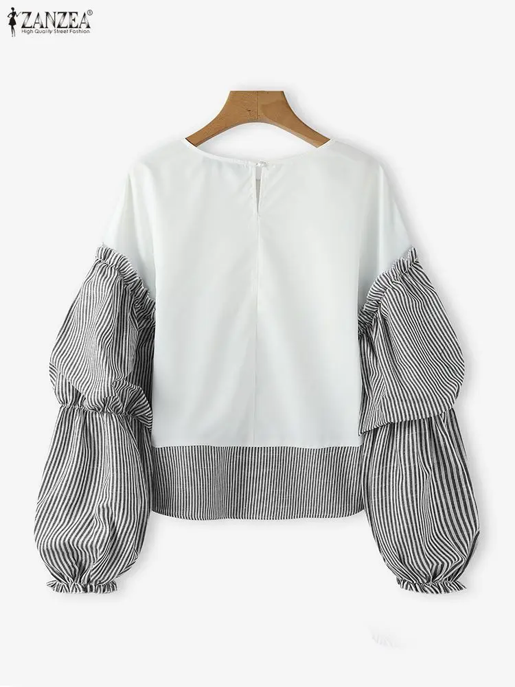 ZANZEA Fashion Lantern Sleeve Blouse Women Striped Floral Print Tunic Tops 2025 Autumn Casual Long Sleeve Elegant Office Shirts