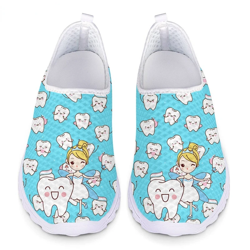 Women Mesh Slip on Shoes Breathable Sport Sneaker for Ladies Dental Tooth Print Cute Girl Walking Shoes