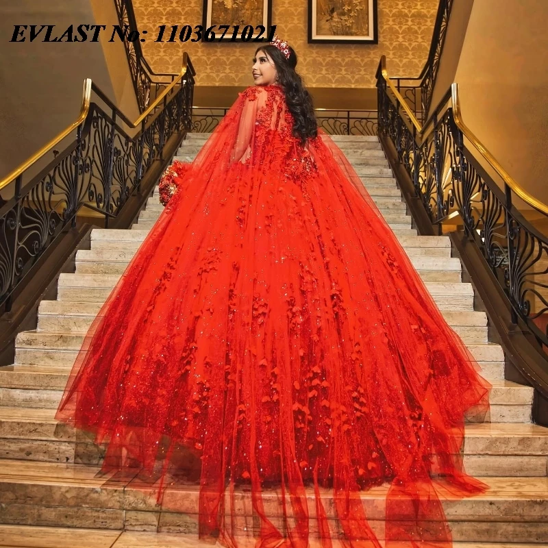 

EVLAST Glitter Red Quinceanera Dress Ball Gown Shiny Floral Lace Applique Beaded With Cape Sweet 16 Vestidos De XV Anos SQ346