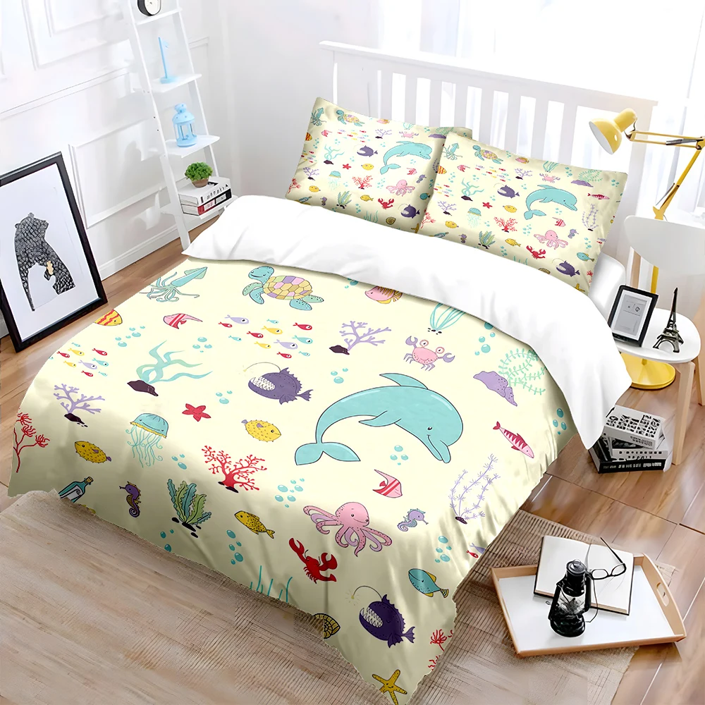 3PC Cartoon Marine Life Pattern Print Bedding Set 1 Duvet Cover 2 Pillowcases for Adult and Children Luxury Gift Full Size